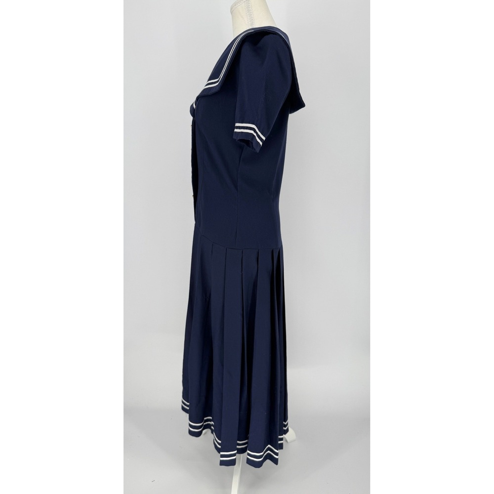 Vintage Handmade Navy Sailor Dress S Nautical Pleated Midi Gold Buttons Preppy - Picture 5 of 13